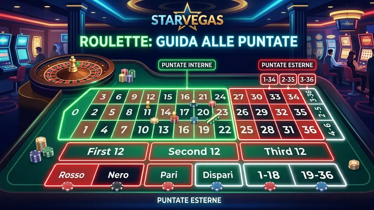 Schema del tavolo roulette online con aree puntate interne ed esterne